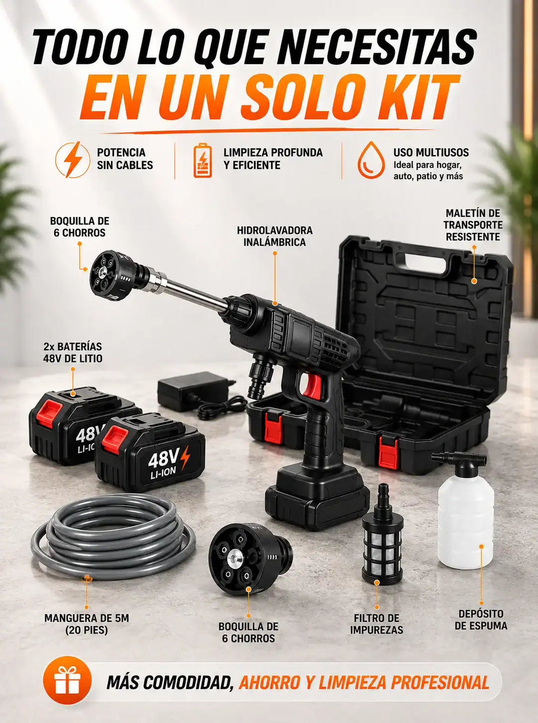 SUPER COMBO: Hidrolavadora + Kit de Raches 40 Piezas + 2 Baterías