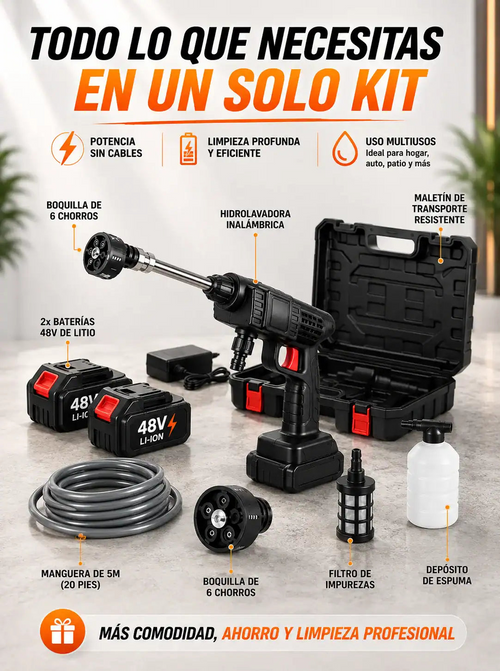 SUPER COMBO: Hidrolavadora + Kit de Raches 40 Piezas + 2 Baterías